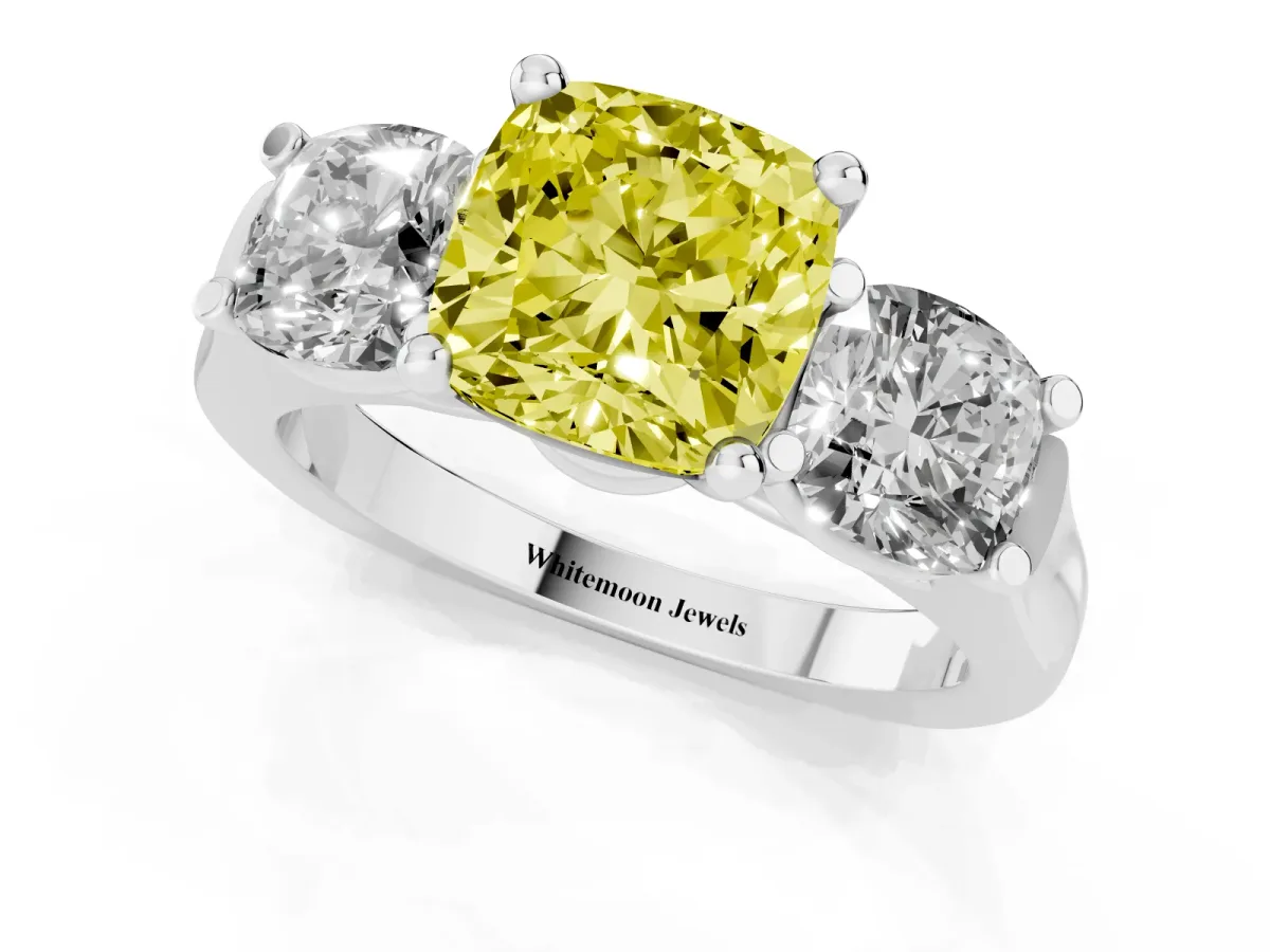 Fancy Yellow Three-Stone Cushion Cut Brilliant Diamond Trellis Ring with Comfort Fit Band White gold