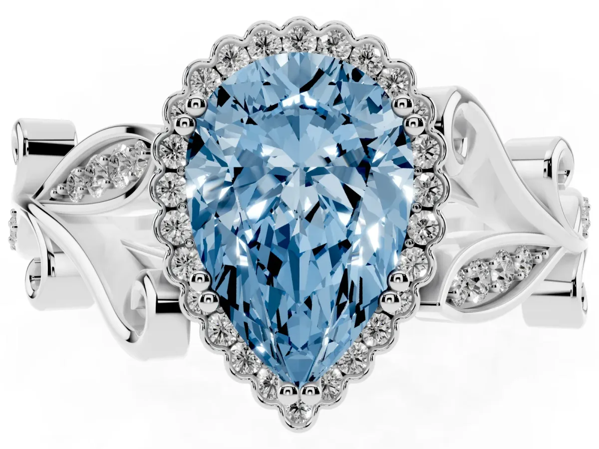 Fancy Blue Pear Cut Diamond Halo Ring with Vintage Split Shank and Four-Prong Setting Silver