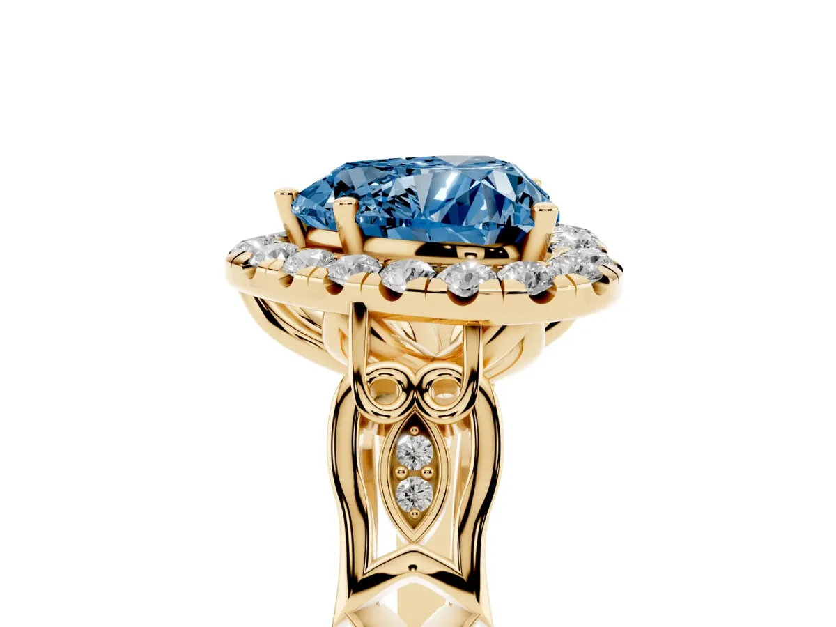 Fancy Blue Heart Cut Halo Diamond Engagement Ring with Filigree Band and Four-Prong Setting Yellow gold