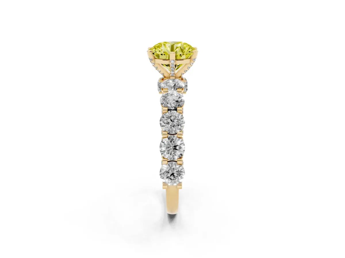 Fancy Yellow Round Cut Diamond Side Stone Engagement Ring with Four-Prong Setting Yellow gold
