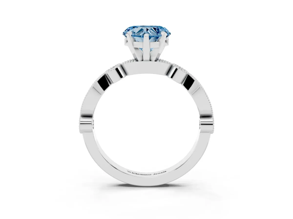 Fancy Blue Heart Cut Milgrain Bezel Diamond Engagement Ring with Solitaire Prong Setting Silver