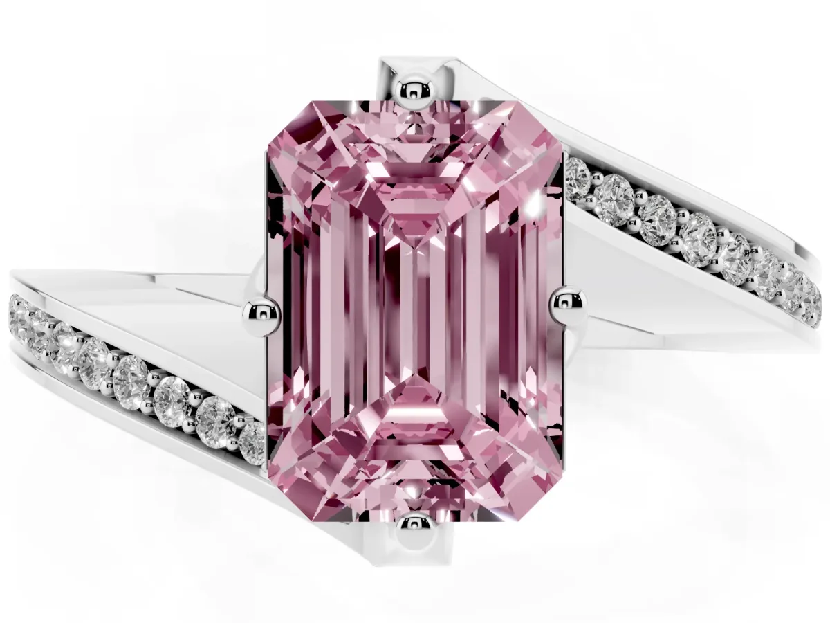 Fancy Pink Emerald Cut Solitaire Diamond Twist Band with Pavé Setting and Four-Prong Setting Silver