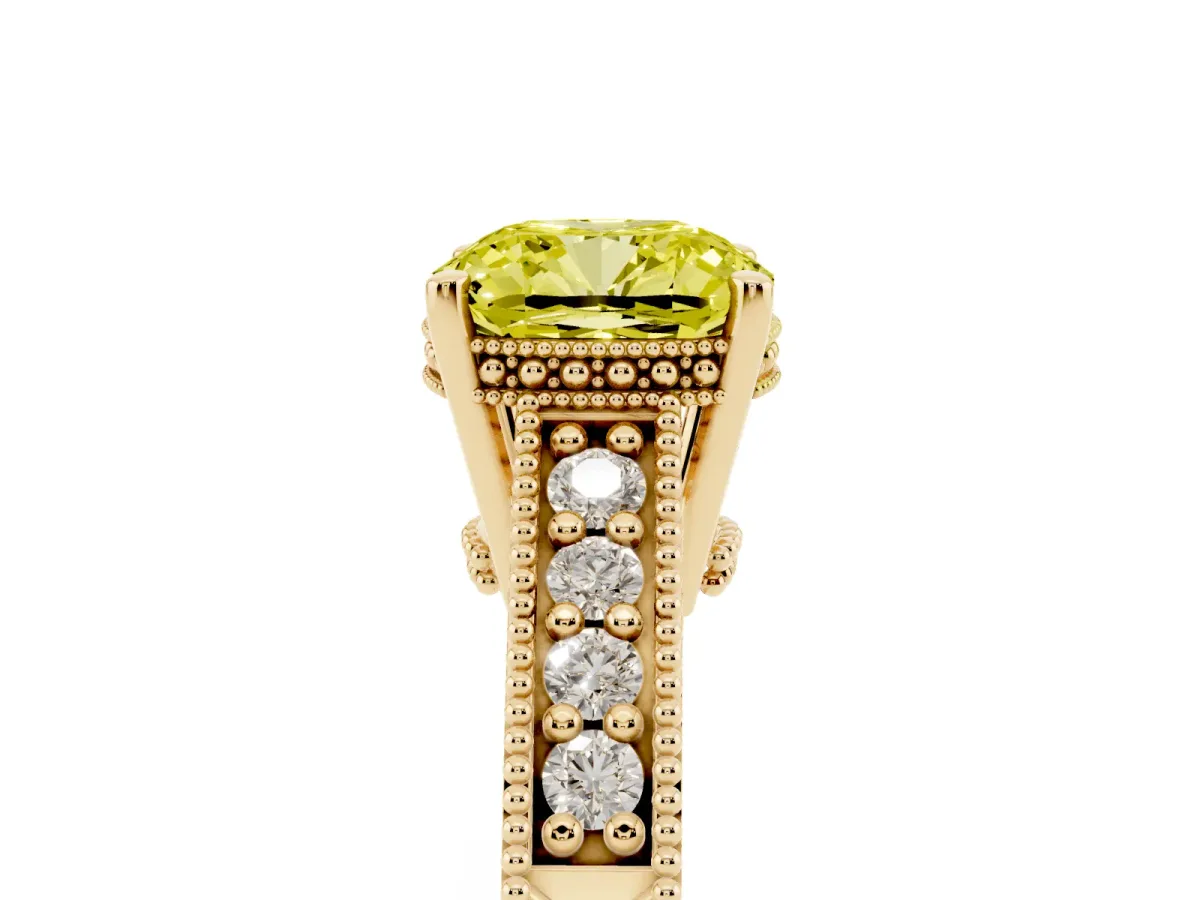 Fancy Yellow Cushion Cut Solitaire Pavé Diamond Milgrain Engagement Ring with Four-Prong Setting Yellow gold