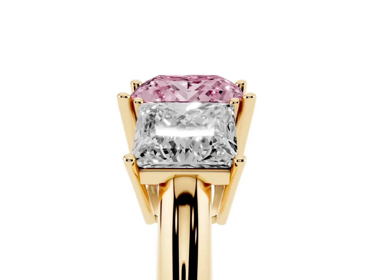 Fancy Pink Three-Stone Princess Cut Cut Diamond Engagement Ring with Prong Setting on a White Gold Band Yellow gold