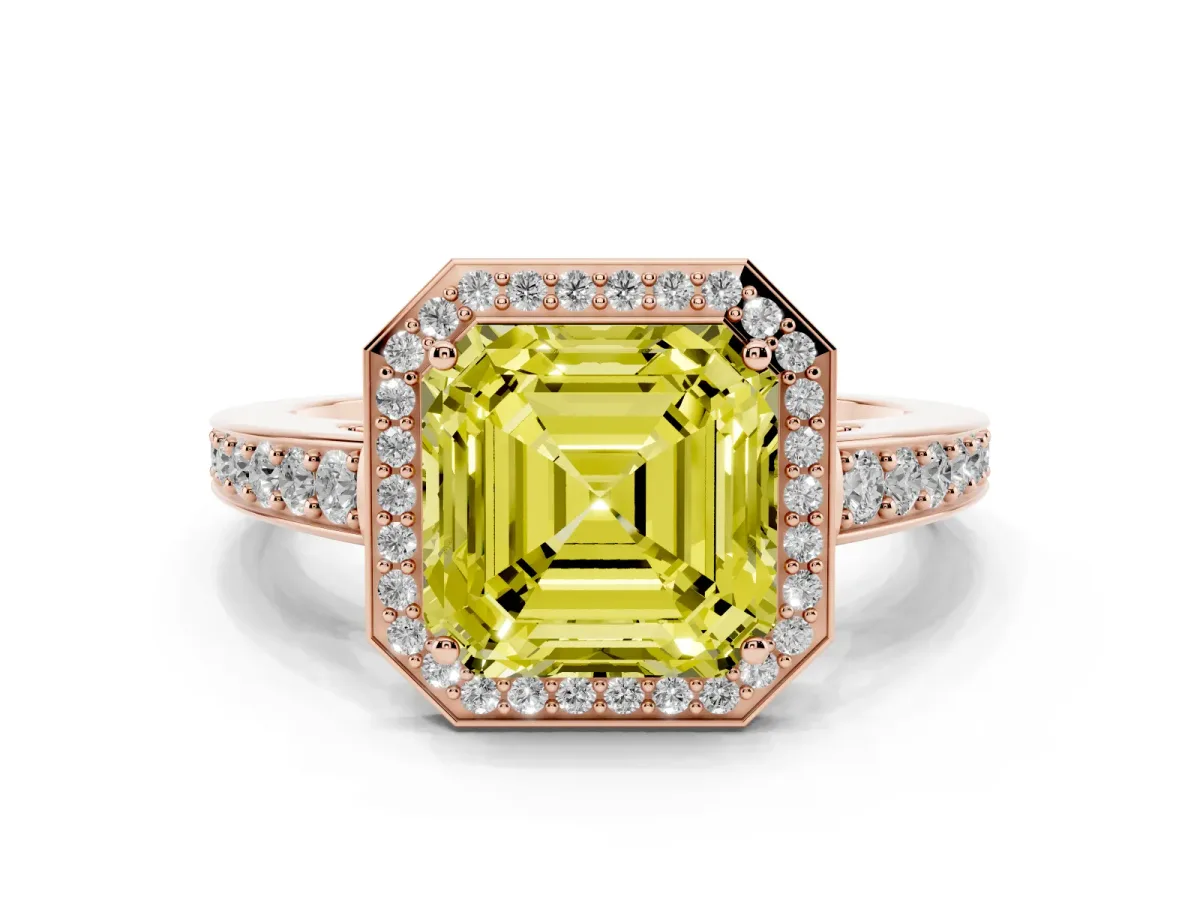 Fancy Yellow Asscher Cut Halo Pavé Diamond Engagement Ring with Bezel Setting Rose gold