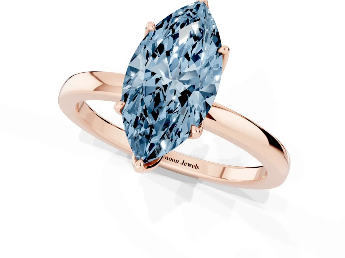 Fancy Blue Marquise Cut Diamond Solitaire Ring with Thin Band and Prong Setting Rose gold