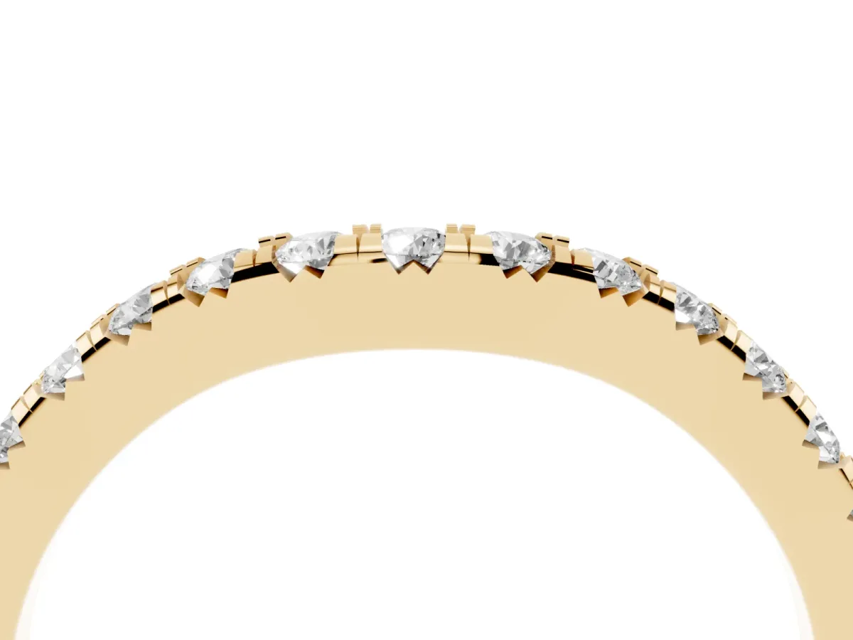 Round Diamond Curved Pavé Wedding Band with Shared Prong Setting Yellow gold