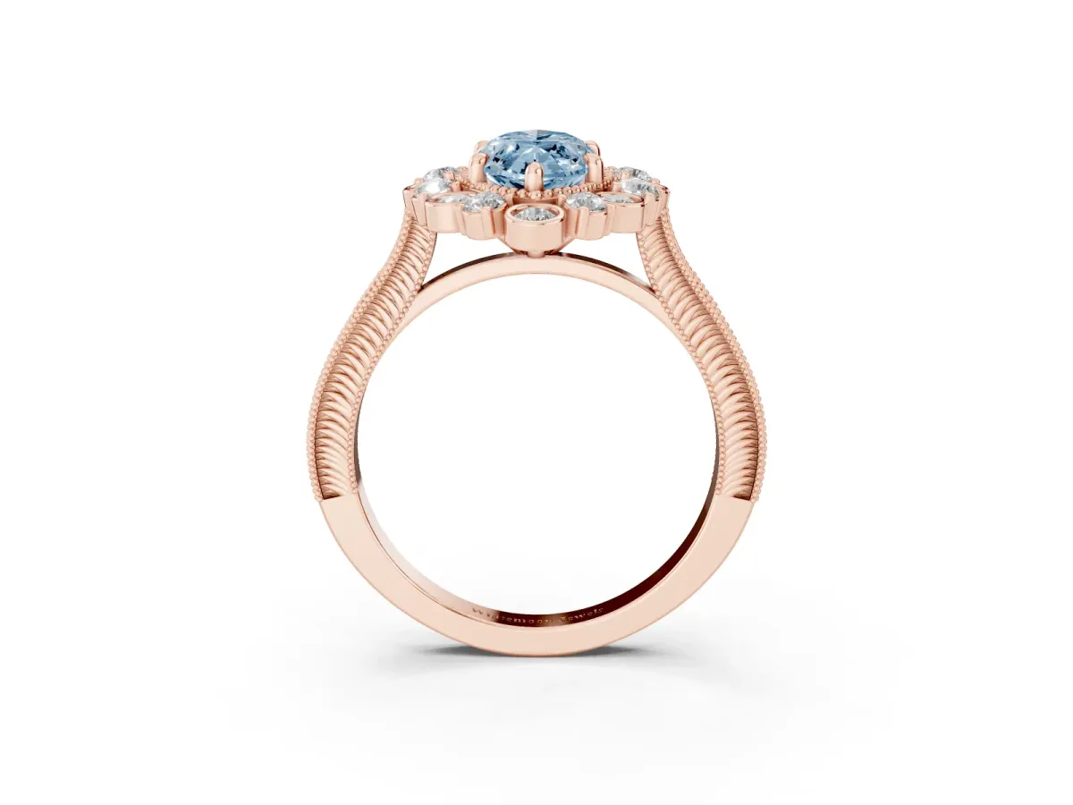 Fancy Blue Marquise Cut Halo Milgrain Pave Diamond Ring with Four-Prong Setting Rose gold