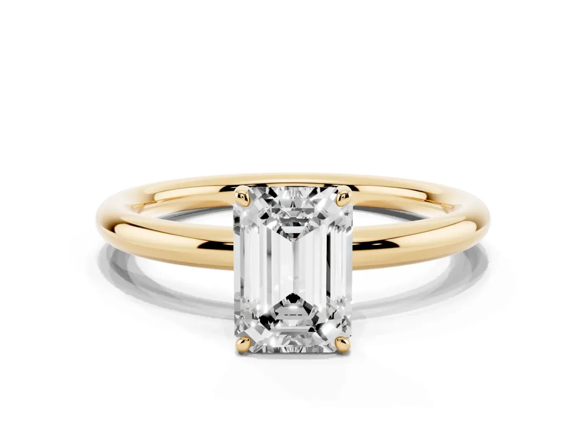 Emerald Cut Solitaire Diamond Ring with Four-Prong Setting on a Plain Band Yellow gold
