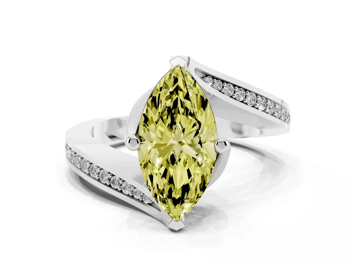 Fancy Yellow Marquise Cut Solitaire Diamond Twist Band with Pavé Setting and Four-Prong Setting Platinum
