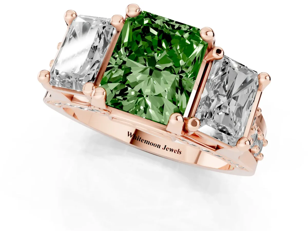 Fancy Green Radiant Cut Diamond Three-Stone Ring with Channel Set Band and Four-Prong Setting Rose gold