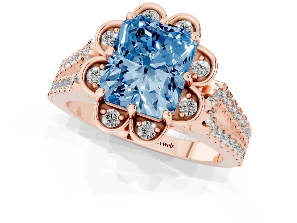 Fancy Blue Radiant Cut Halo Diamond Floral Split Shank Engagement Ring Rose gold