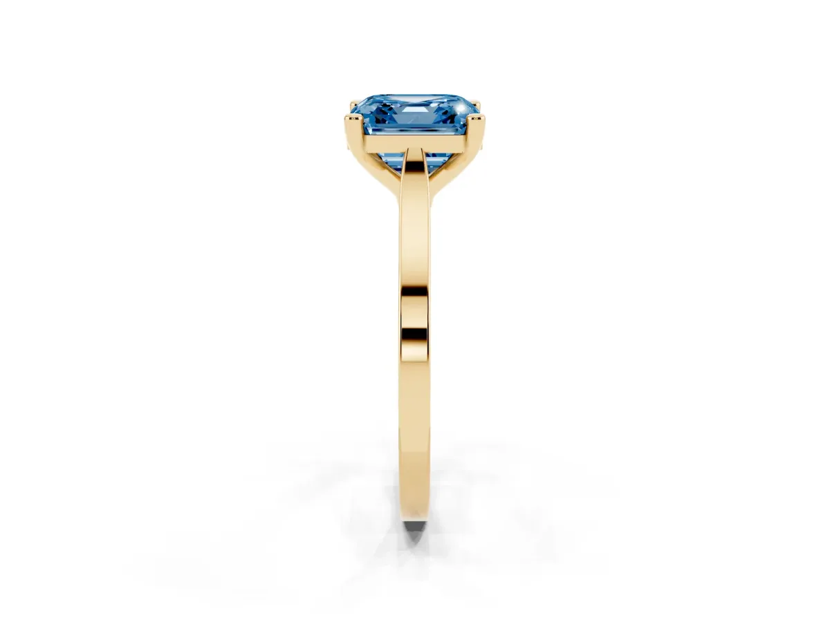 Fancy Blue Asscher Cut Solitaire Diamond Ring with Four-Prong Setting and Tapered Band Yellow gold