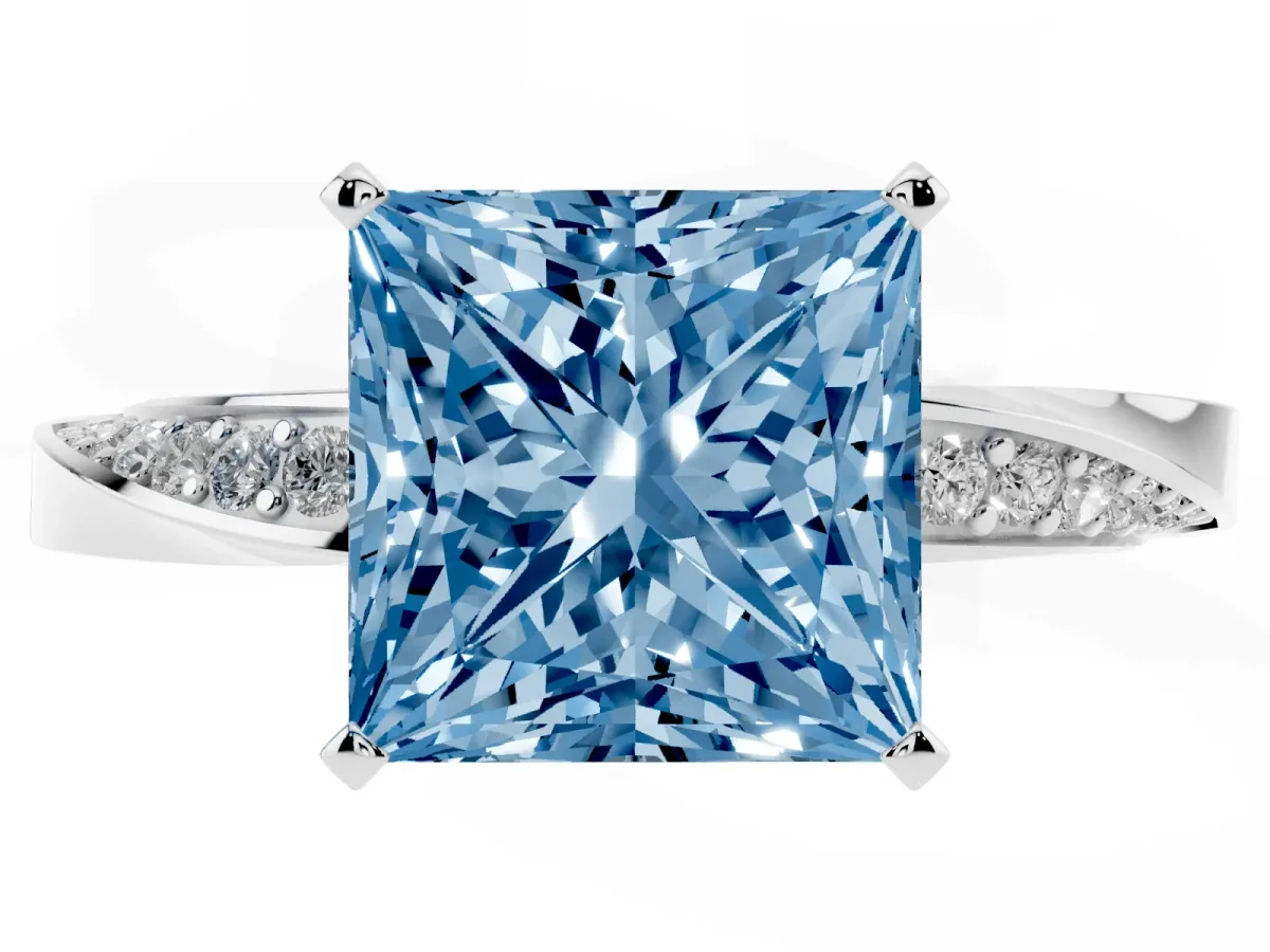 Fancy Blue Princess Cut Diamond Engagement Ring with Side Stone Accents and Four-Prong Setting Platinum