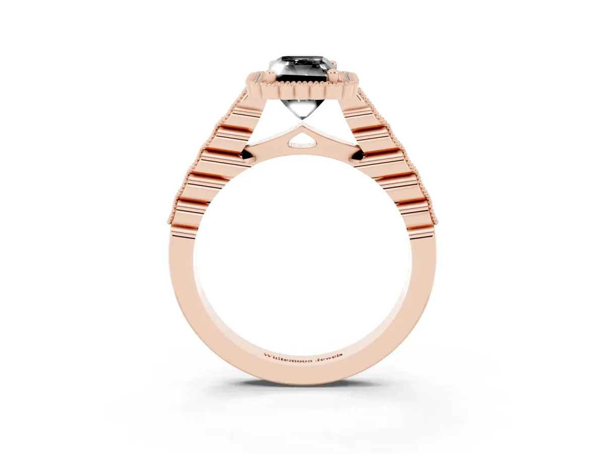Fancy Black Radiant Cut Cut Halo Pavé Solitaire Ring with Milgrain Band Rose gold