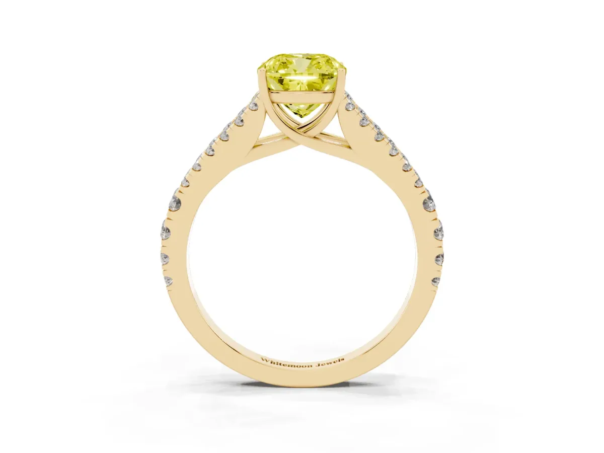 Fancy Yellow Cushion Cut Diamond Split Shank Engagement Ring with Round Pavé and Prong Setting Yellow gold