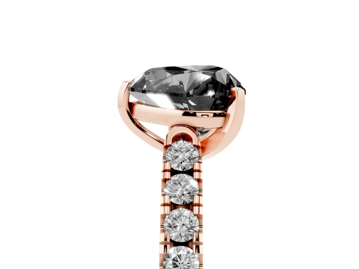Fancy Black Heart Cut Diamond Pavé Band Solitaire Ring with Prong Setting Rose gold