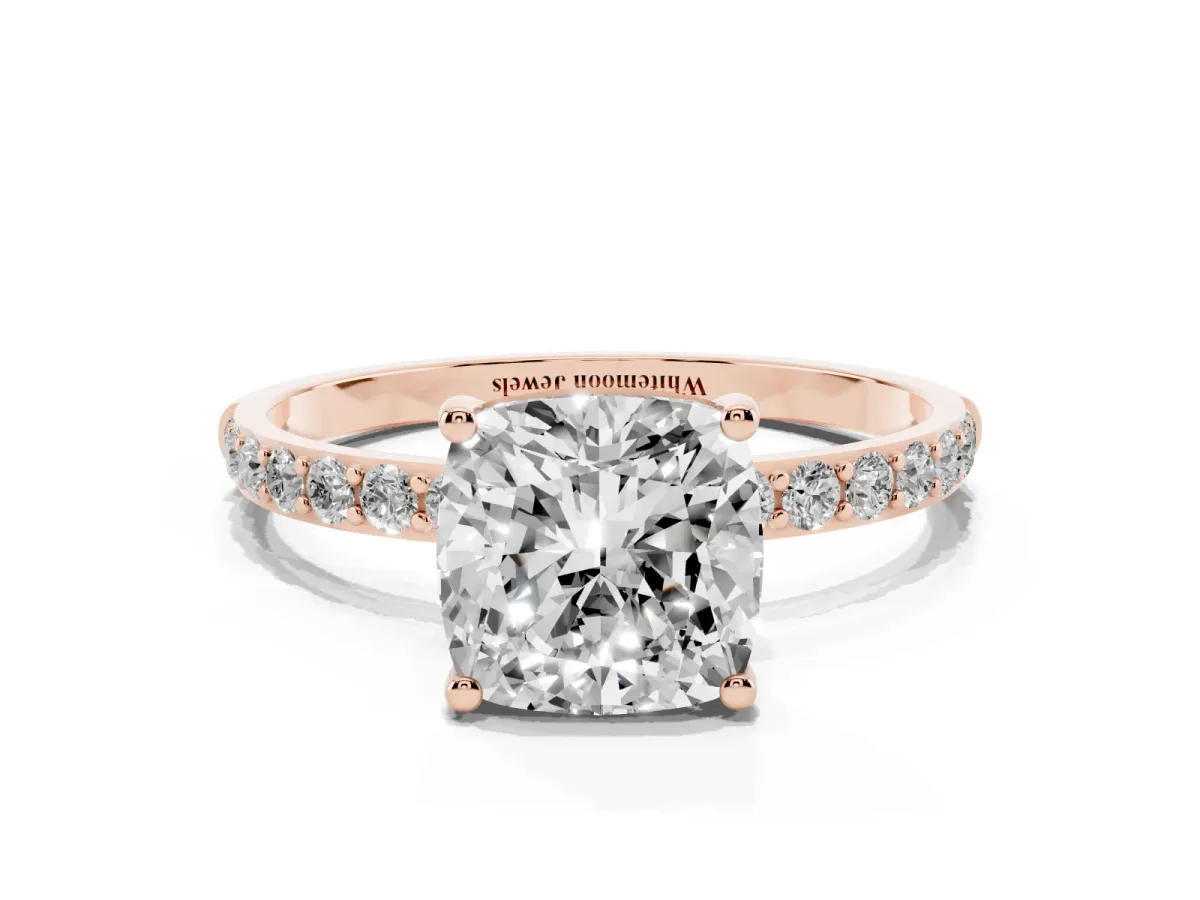 Cushion Cut Diamond Solitaire Ring with Round Pavé Shoulders and Prong Setting Rose gold