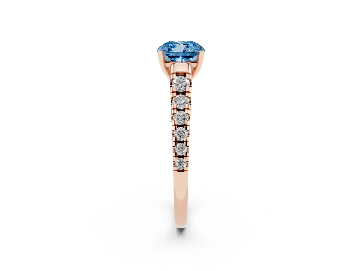 Fancy Blue Cushion Cut Diamond Cathedral Solitaire Ring with Round Pavé Band Rose gold