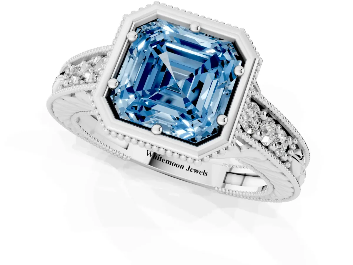 Fancy Blue Bezel Set Asscher Cut Diamond Milgrain Pave Engagement Ring White gold