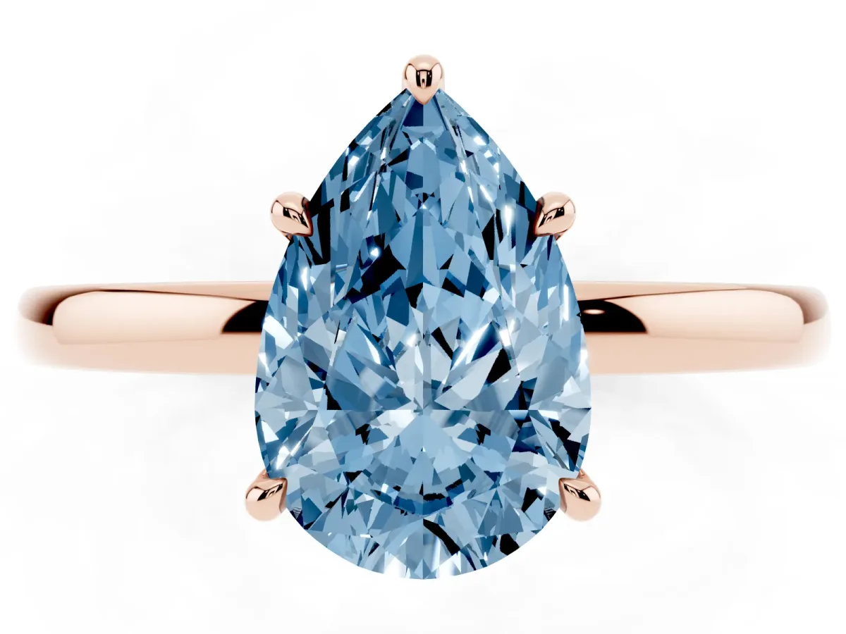 Fancy Blue Pear Cut Solitaire Engagement Ring with Cathedral Band and Four-Prong Setting Rose gold