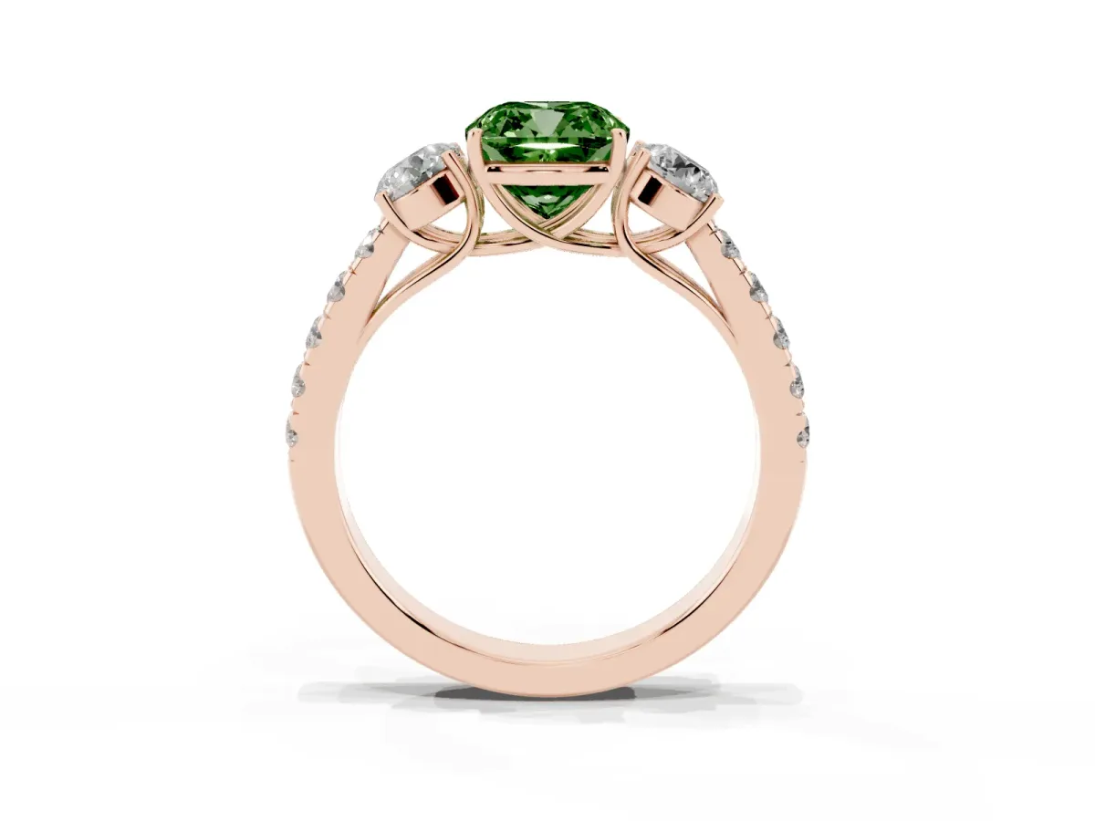 Fancy Green Cushion Cut Cut Diamond Three-Stone Ring with Round Side Stones and Pavé Band Rose gold