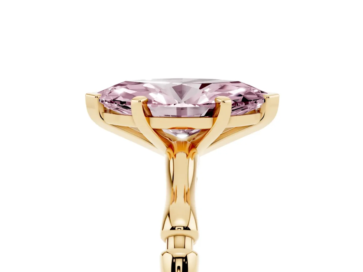 Fancy Pink Marquise Cut Solitaire Diamond Ring with Bamboo Band and Four-Prong Setting Yellow gold