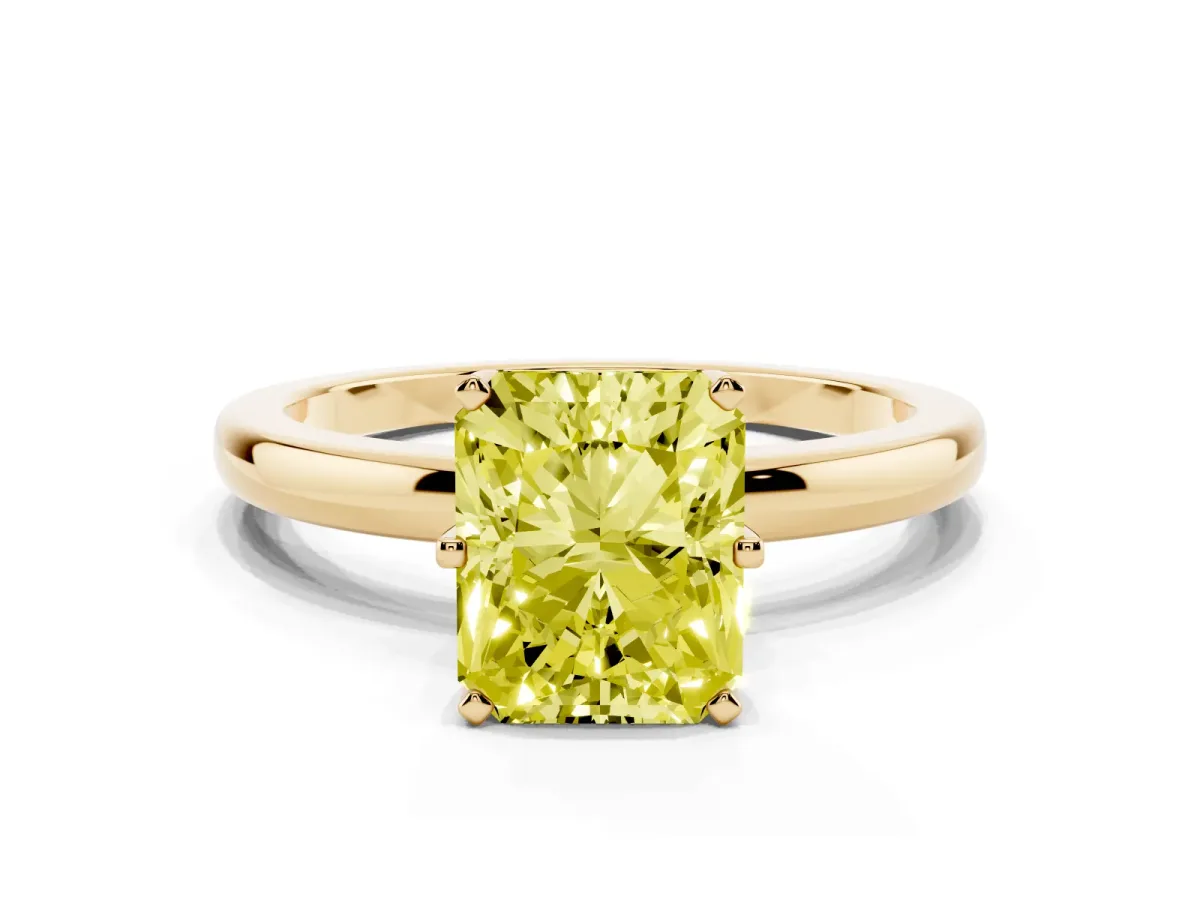 Fancy Yellow Radiant Cut Solitaire Diamond Ring with Six-Prong Setting on a Classic Band Yellow gold
