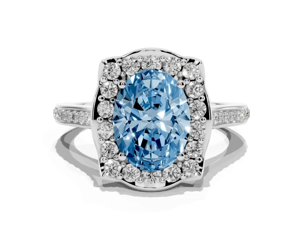 Fancy Blue Oval Cut Halo Round Diamond Pave Band with Four-Prong Setting Silver