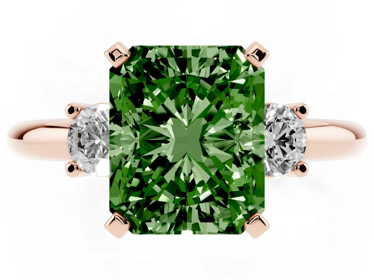 Fancy Green Three-Stone Radiant Cut Cut Diamond Solitaire with Prong Setting and Classic Band Rose gold