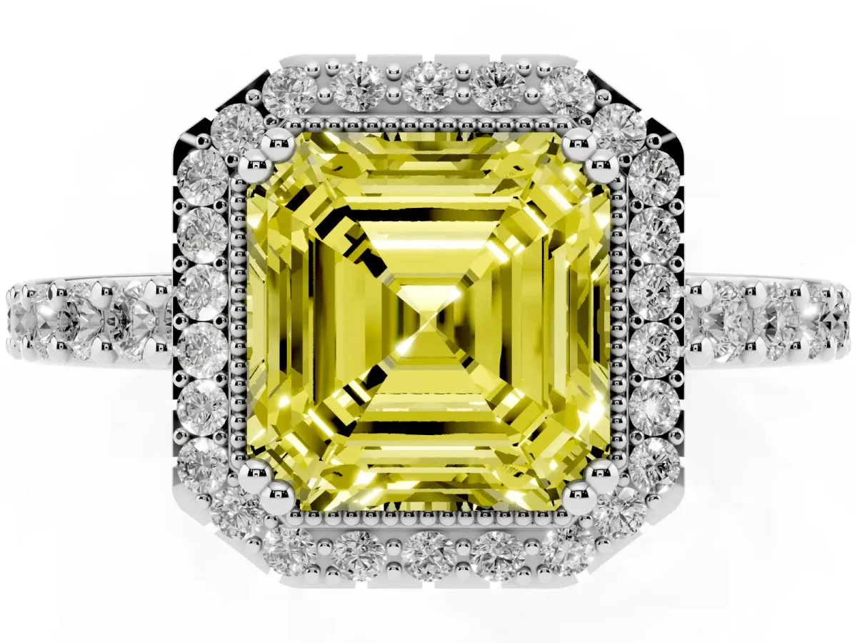 Fancy Yellow Asscher Cut Cut Diamond Halo Engagement Ring with Milgrain Detail and Pavé Band Silver