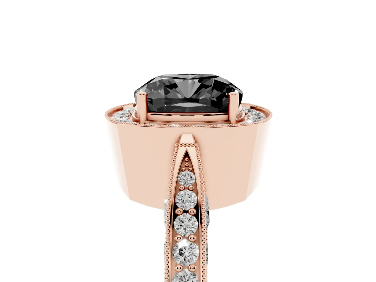 Fancy Black Cushion Cut Halo Diamond Engagement Ring with Split Shank Band and Four-Prong Setting Rose gold
