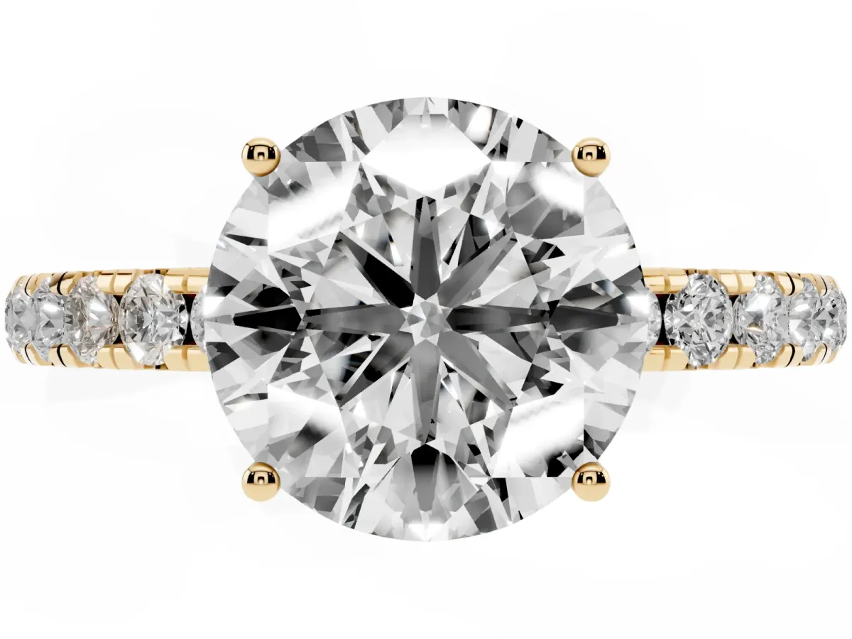 Round Cut Diamond Pavé Solitaire Engagement Ring with Four-Prong Setting Yellow gold