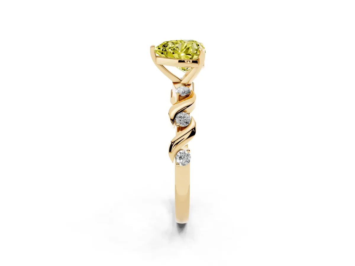 Fancy Yellow Heart Cut Diamond Solitaire Twisted Band with Round Accents and Prong Setting Yellow gold