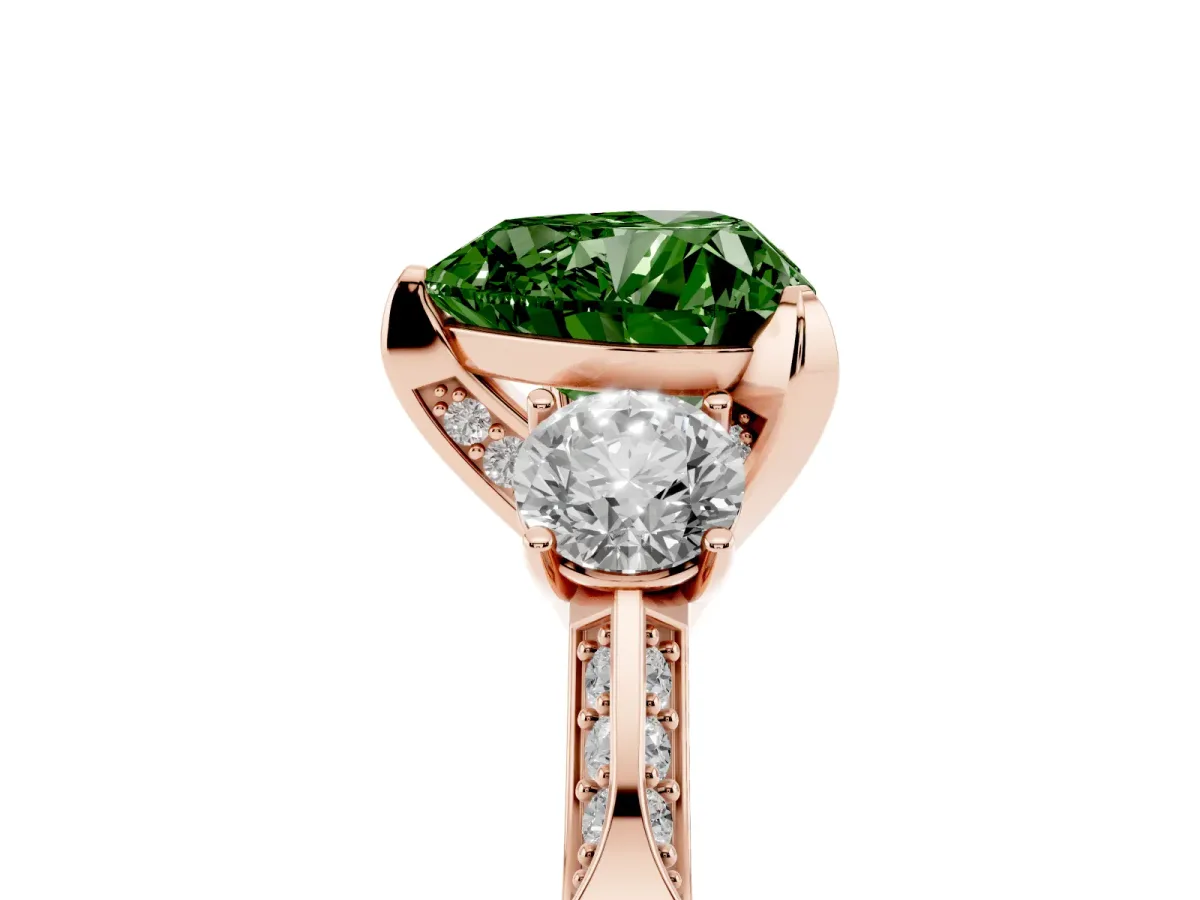 Fancy Green Heart Cut Brilliant Three-Stone Diamond Ring with Pavé Band and Four-Prong Setting Rose gold