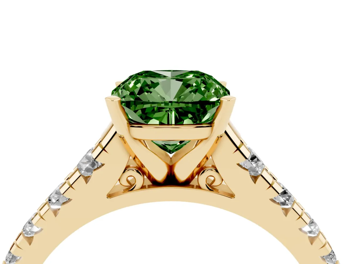 Fancy Green Cushion Cut Diamond Cathedral Solitaire Ring with Round Pavé Band Yellow gold