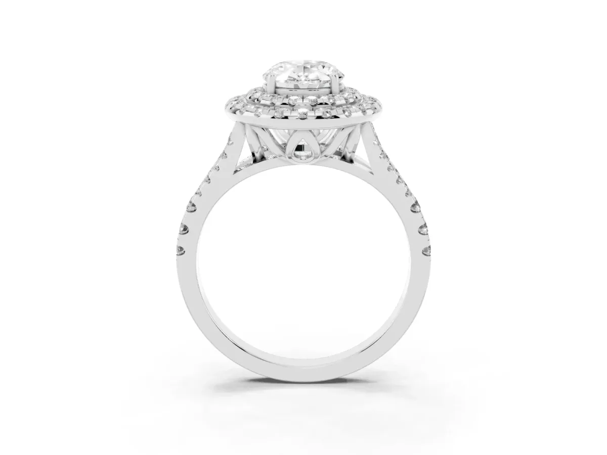 Double Halo Oval Cut Diamond Pavé Split Shank Ring with Prong Setting Silver