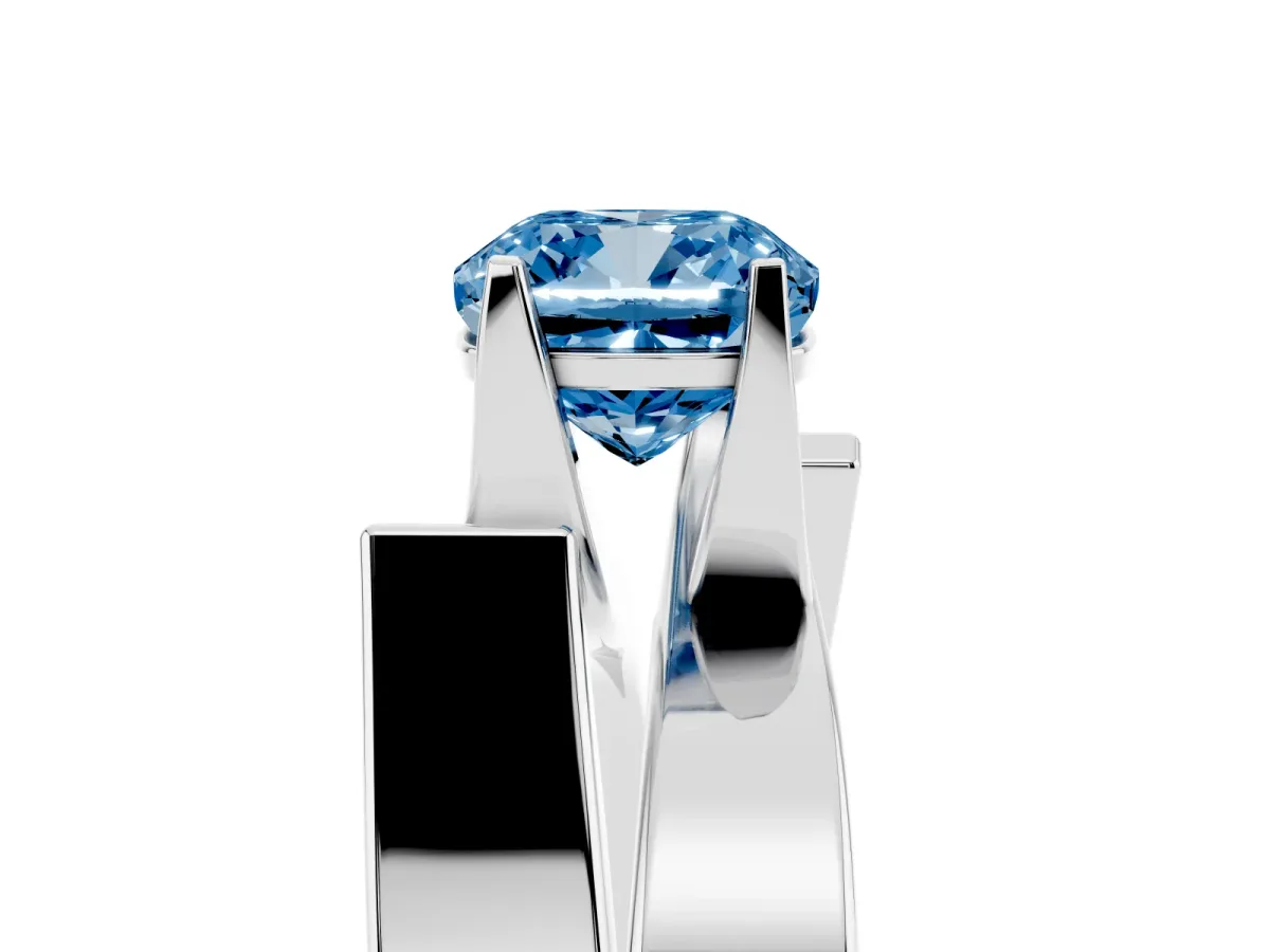 Fancy Blue Modern Tension Set Cushion Cut Diamond Solitaire Wide Band Ring Silver