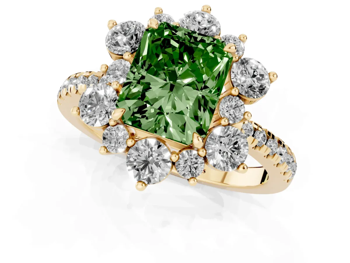 Fancy Green Radiant Cut Diamond Floral Halo Ring with Round Pavé Band and Prong Setting Yellow gold
