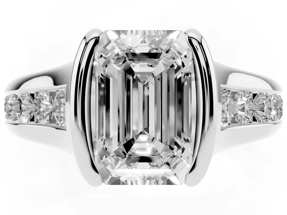 Emerald Cut Solitaire Bezel-Set Diamond Ring with Channel-Set Band Platinum
