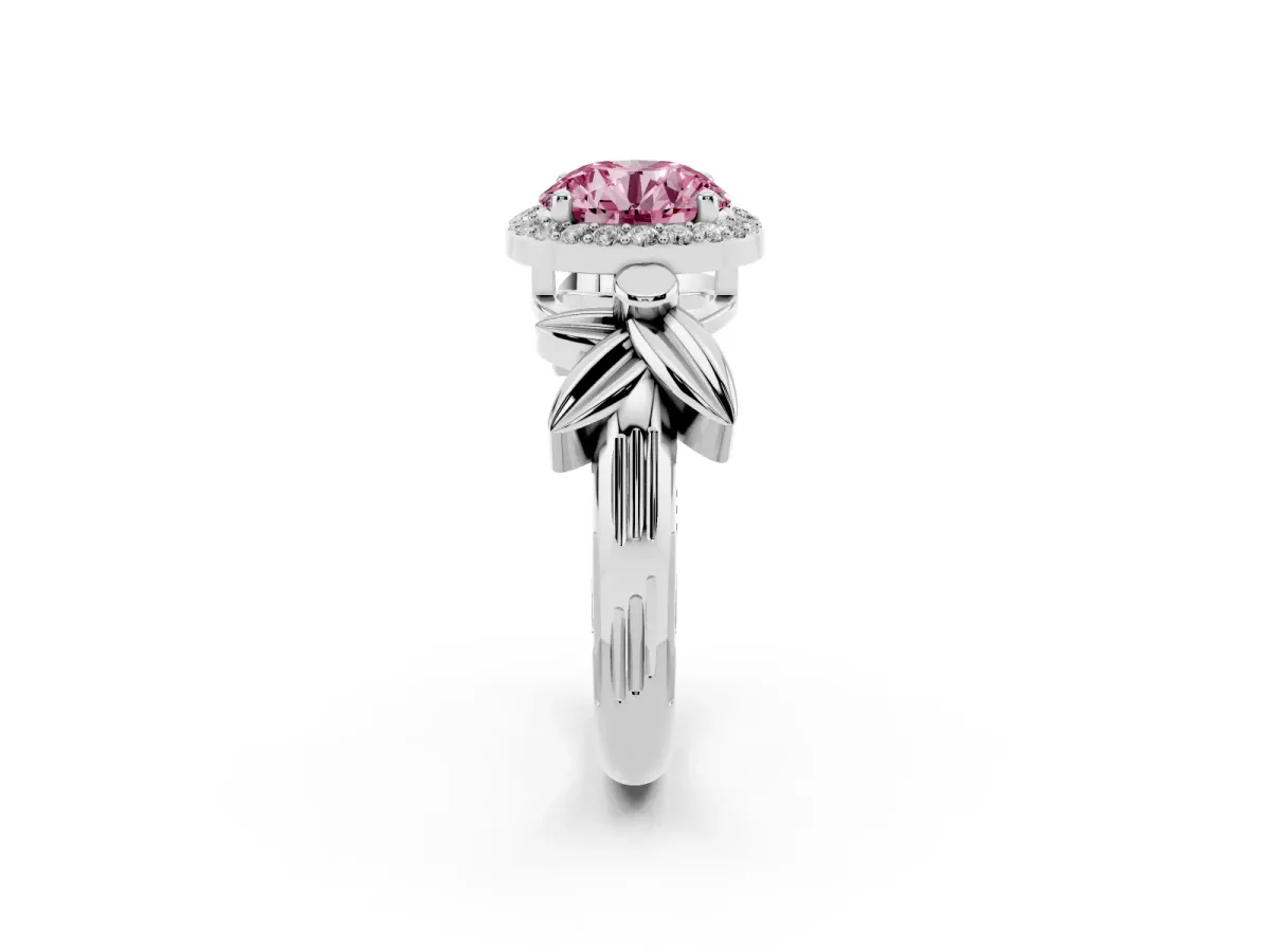 Fancy Pink Round Cut Halo Diamond Floral Band with Four-Prong Setting White gold