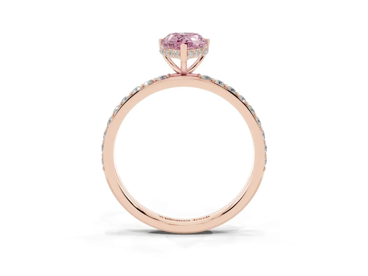 Fancy Pink Pear Cut Diamond Solitaire Ring with Pavé Band and Hidden Halo Rose gold