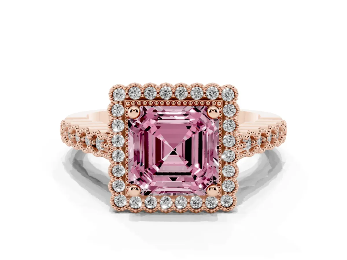 Fancy Pink Asscher Cut Cut Halo Pavé Solitaire Ring with Milgrain Band Rose gold