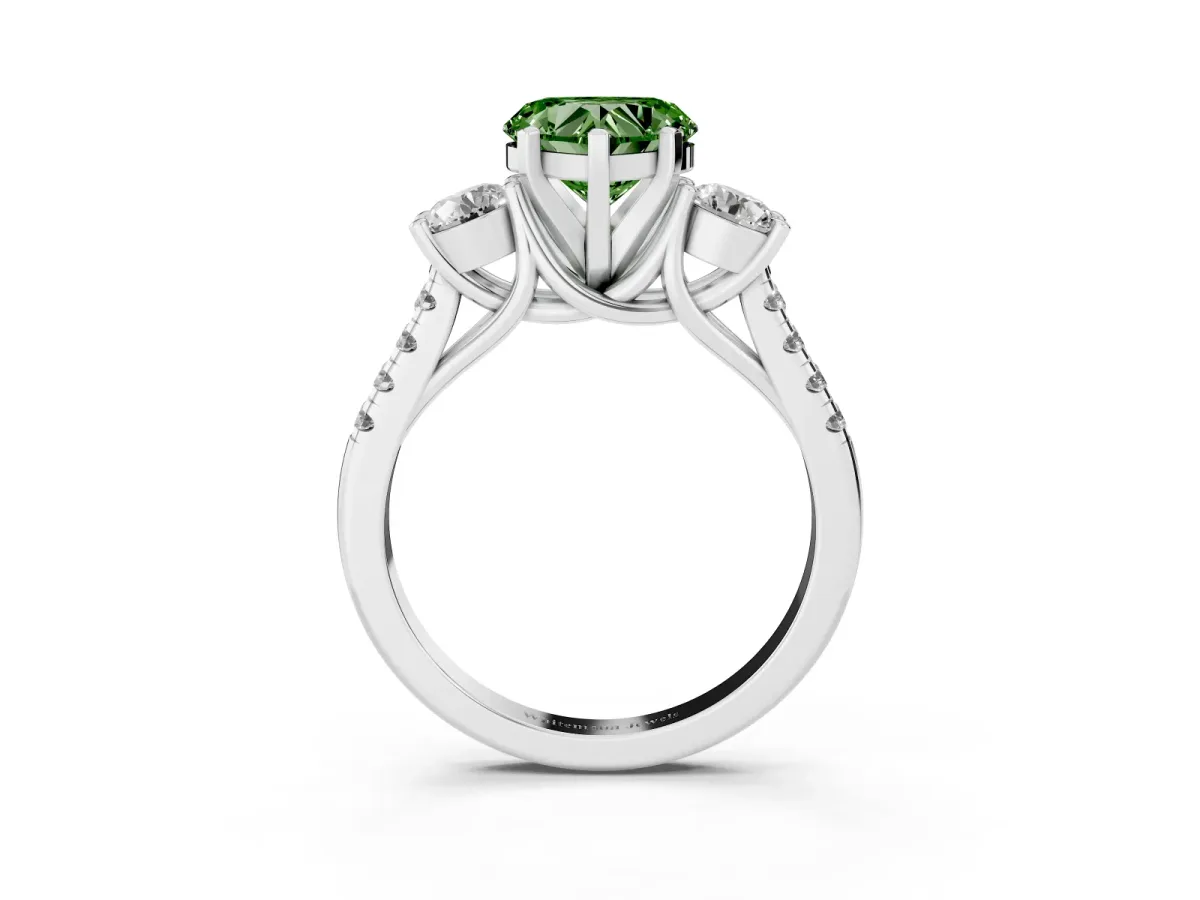 Fancy Green Three-Stone Heart Cut Diamond Pavé Band with Four-Prong Setting Silver