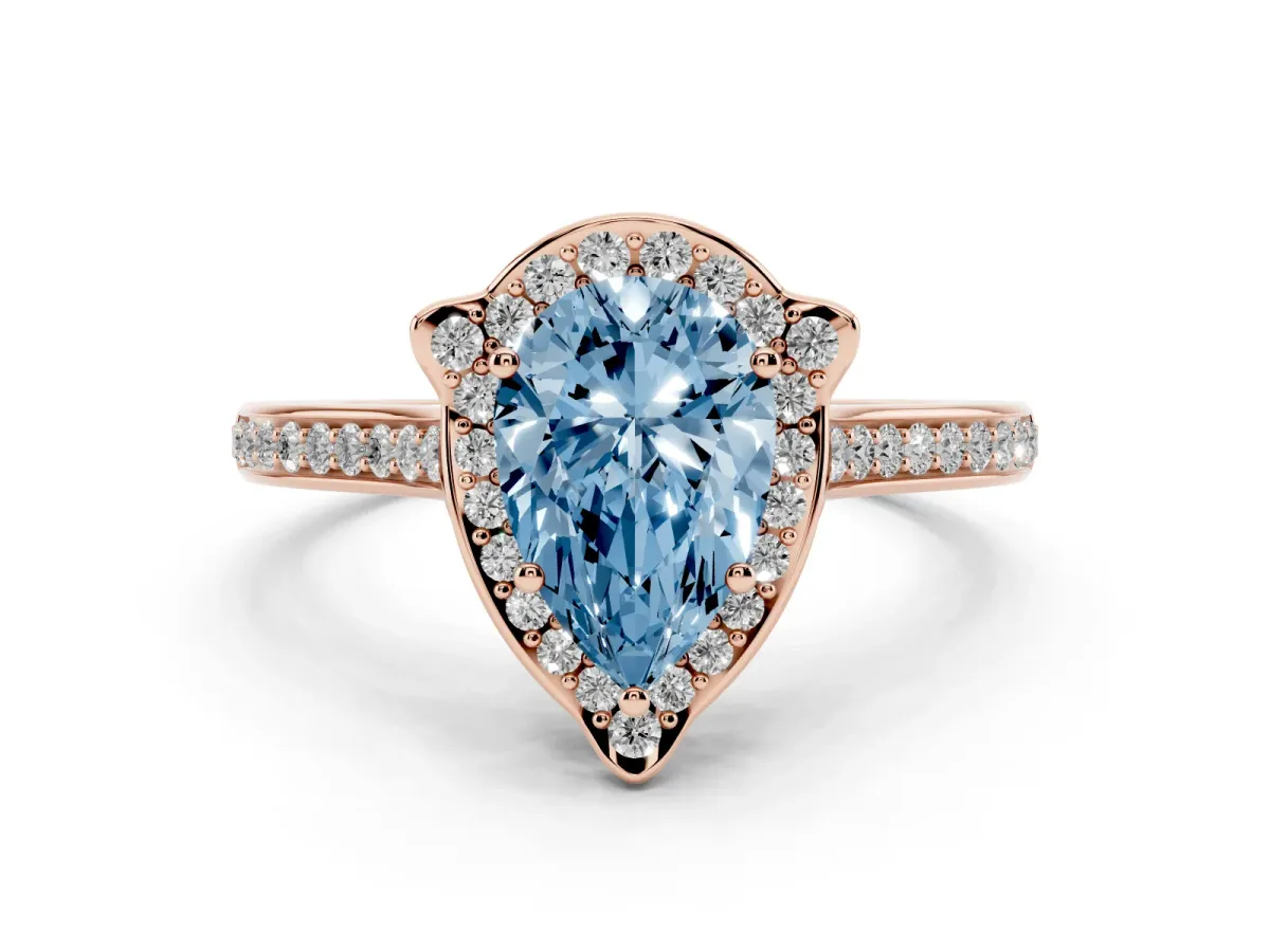 Fancy Blue Pear Cut Halo Round Diamond Pave Band with Four-Prong Setting Rose gold