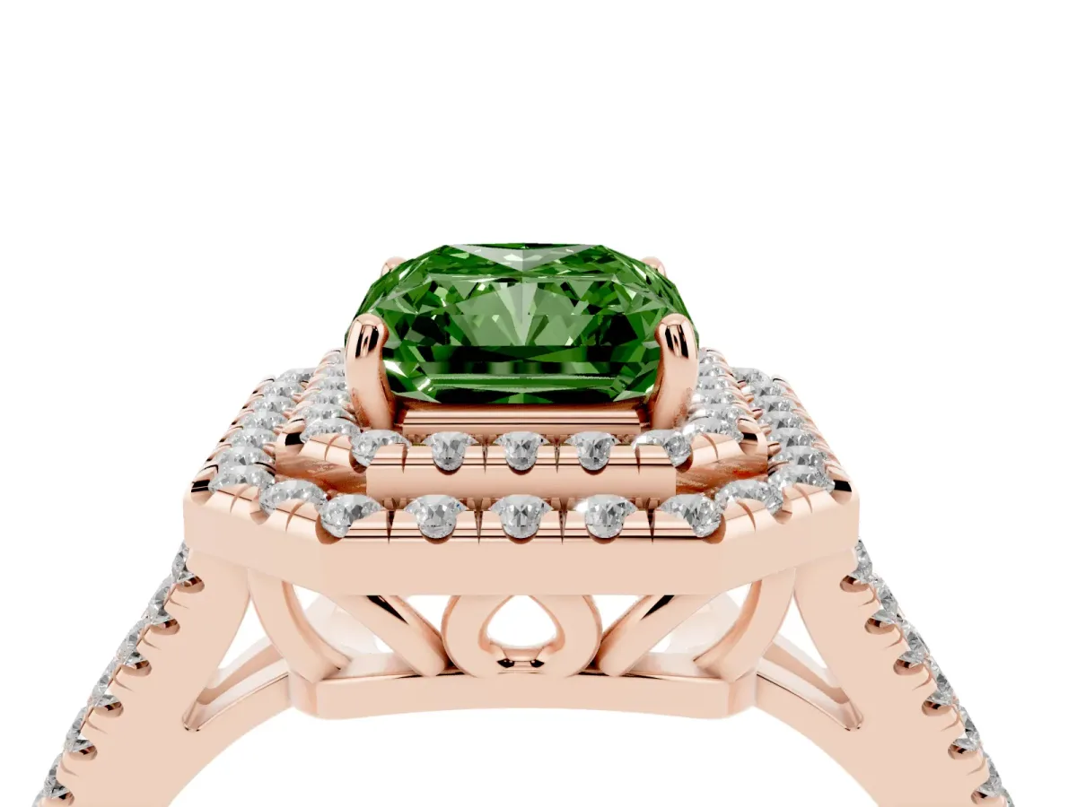 Fancy Green Radiant Cut Diamond Double Halo Ring with Pavé Band and Prong Setting Rose gold