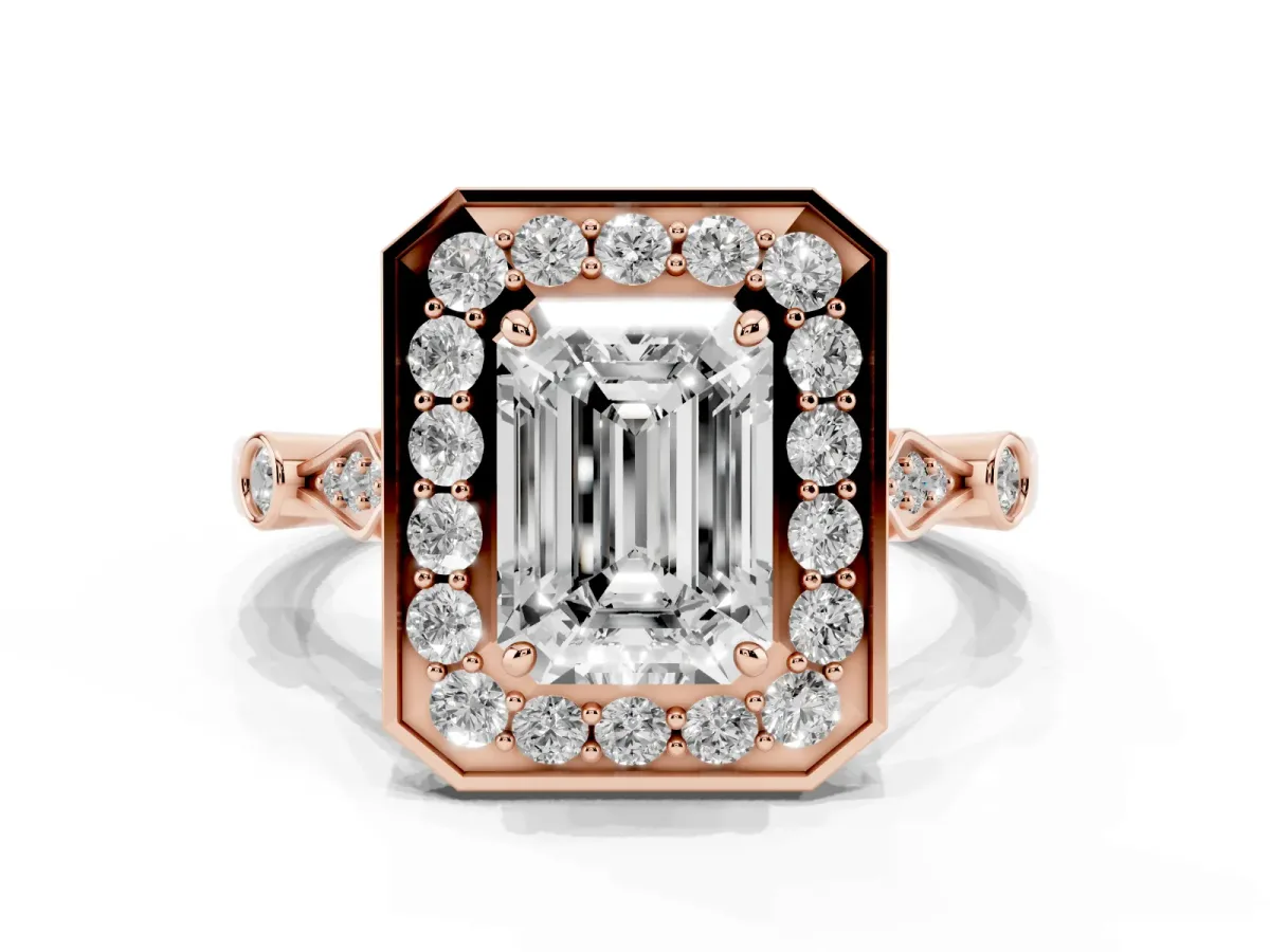 Emerald Cut Halo Diamond Engagement Ring with Twisted Band and Four-Prong Setting Rose gold