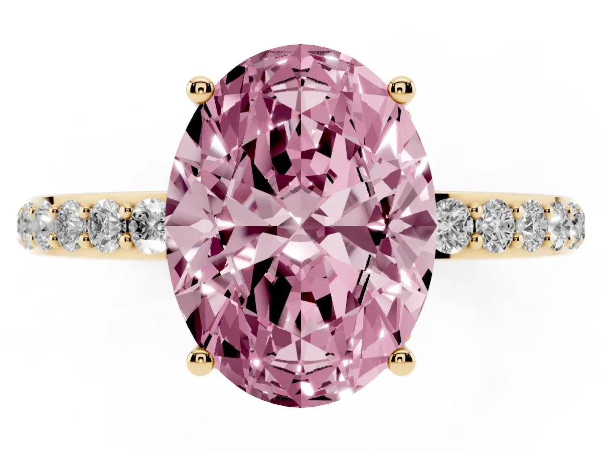 Fancy Pink Oval Cut Diamond Solitaire Ring with Pavé Band and Hidden Halo Yellow gold