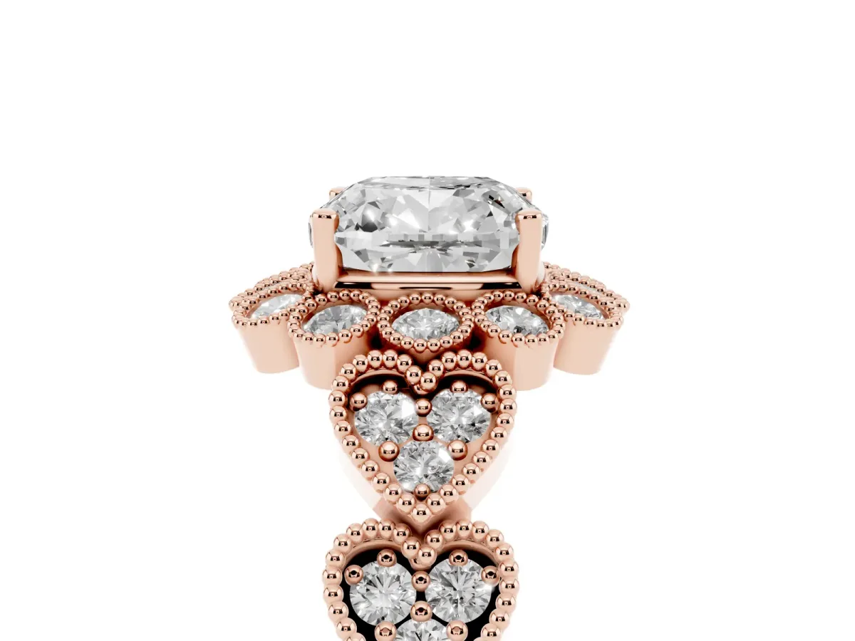 Cushion Cut Brilliant Milgrain Pave Heart Band Solitaire Ring Rose gold