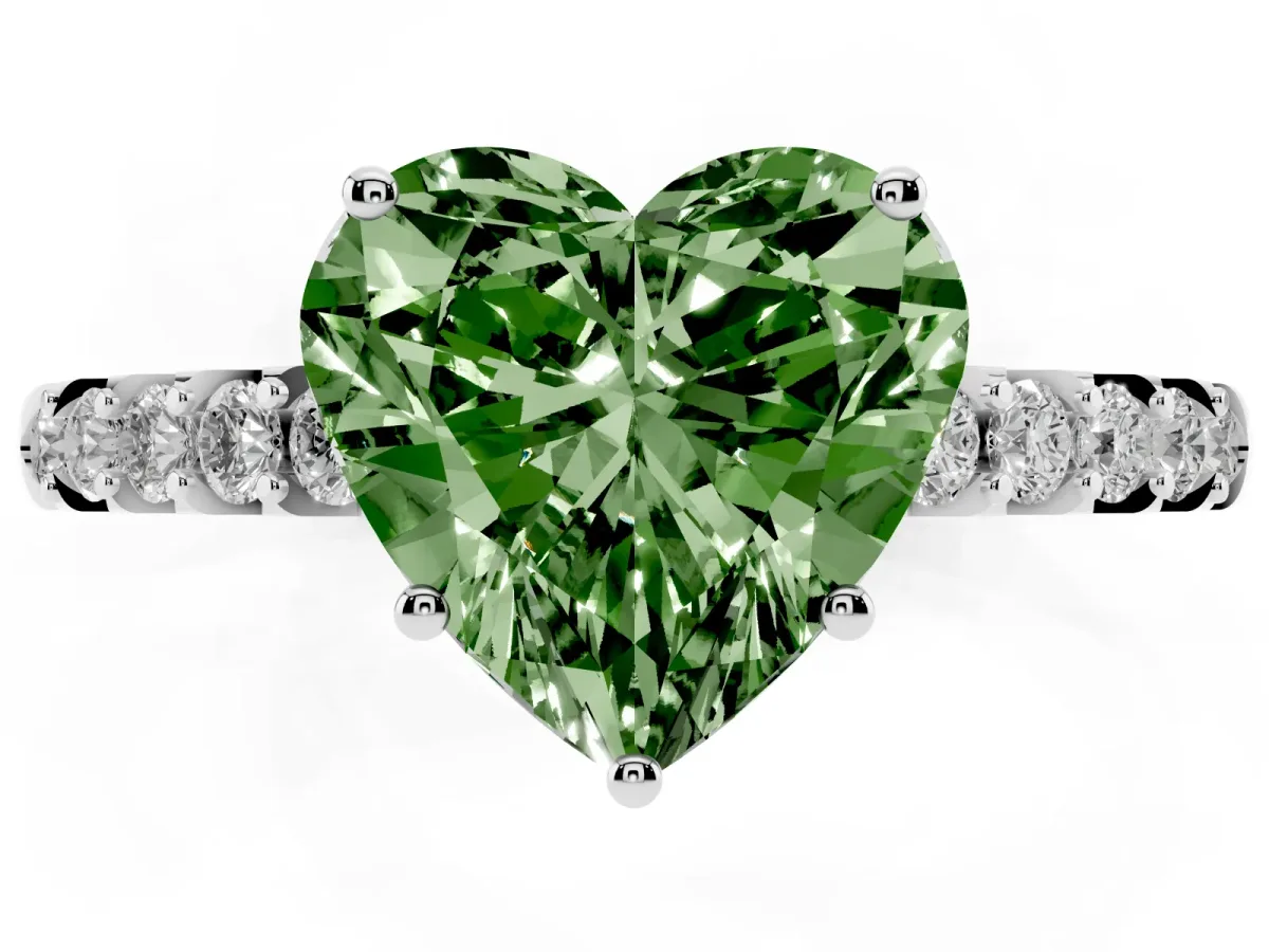 Fancy Green Heart Cut Solitaire Diamond Engagement Ring with Pavé Band and Six-Prong Setting White gold